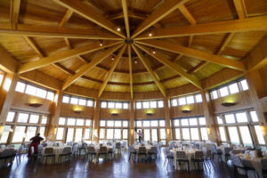 large circular room filled with white tables