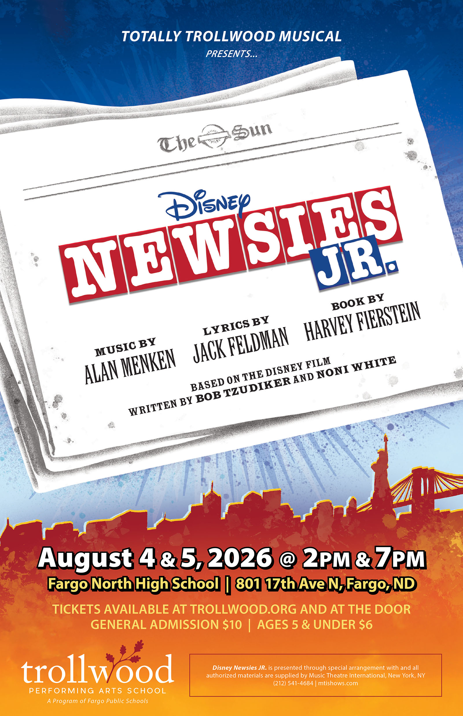 Totally Trollwood Musical Disney Newsies JR August 4 & 5 @ 2PM & 7PM at Fargo North High School